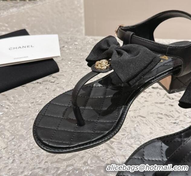 Lower Price Chanel Calfskin Thong Sandals 4cm with Bow and Bloom Black 323059