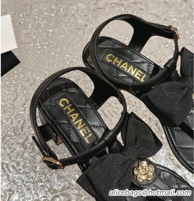 Lower Price Chanel Calfskin Thong Sandals 4cm with Bow and Bloom Black 323059