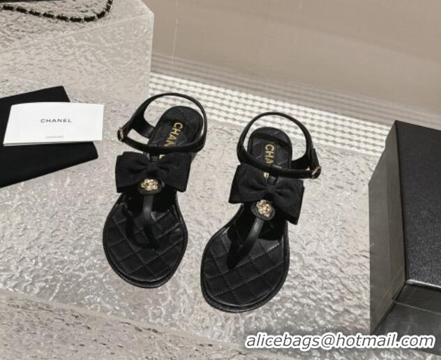 Lower Price Chanel Calfskin Thong Sandals 4cm with Bow and Bloom Black 323059