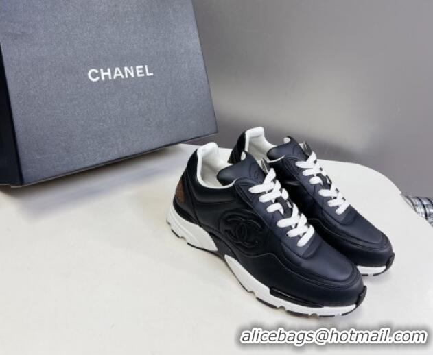 Durable Chanel Calfskin Leather Sneakers with Side CC Black 323060