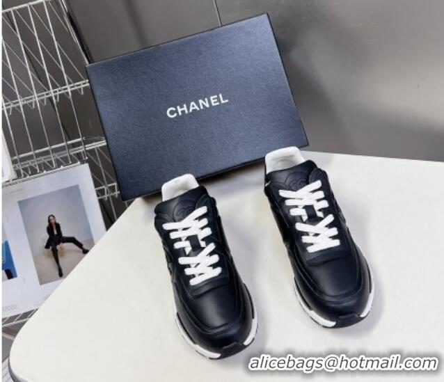 Durable Chanel Calfskin Leather Sneakers with Side CC Black 323060