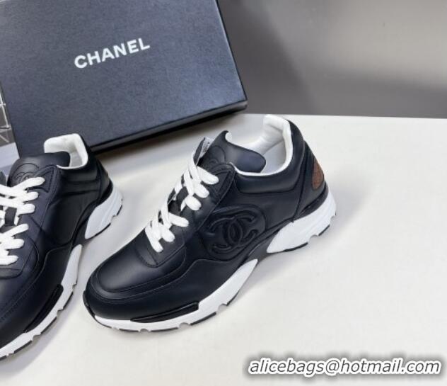 Durable Chanel Calfskin Leather Sneakers with Side CC Black 323060