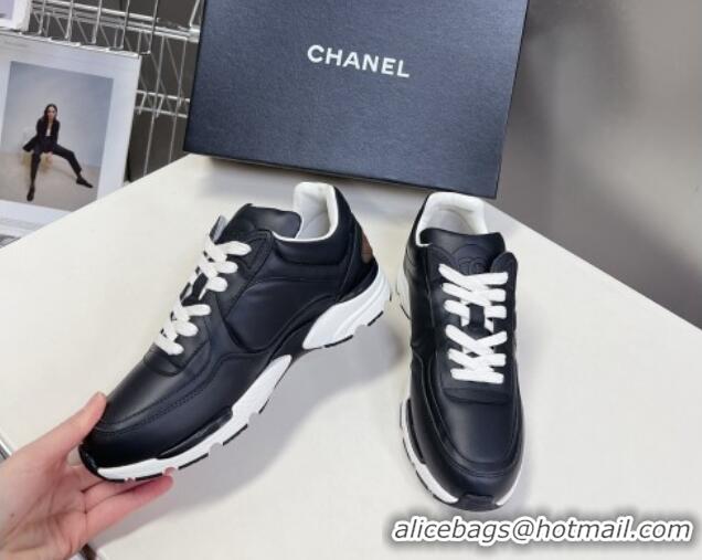 Durable Chanel Calfskin Leather Sneakers with Side CC Black 323060