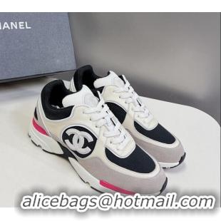 Stylish Chanel Mesh, Calfskin & Suede Sneakers with Side CC Grey/Cream 323066