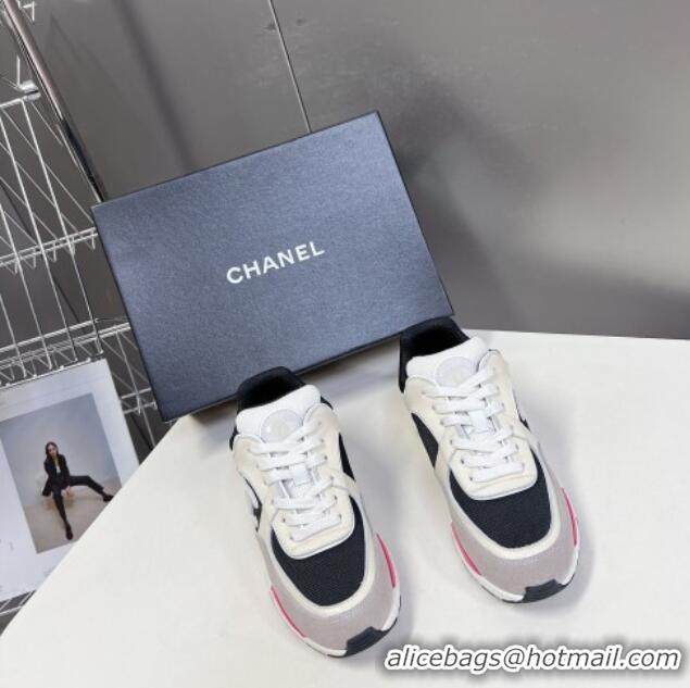 Stylish Chanel Mesh, Calfskin & Suede Sneakers with Side CC Grey/Cream 323066