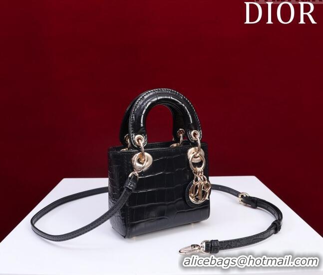 Famous Brand Dior Micro Lady Dior Bag in Crocodile Embossed Leather M0856 Black/Gold 2023