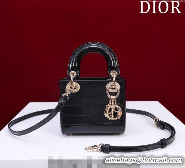 Famous Brand Dior Micro Lady Dior Bag in Crocodile Embossed Leather M0856 Black/Gold 2023