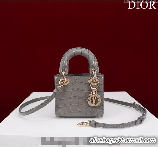 Top Quality Dior Micro Lady Dior Bag in Crocodile Embossed Leather M0856 Grey 2023