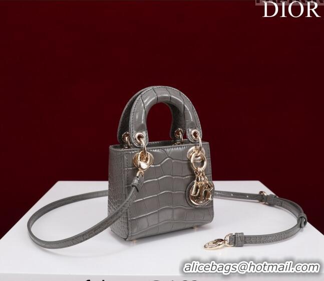 Top Quality Dior Micro Lady Dior Bag in Crocodile Embossed Leather M0856 Grey 2023