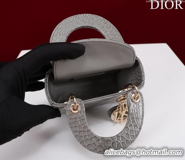 Top Quality Dior Micro Lady Dior Bag in Crocodile Embossed Leather M0856 Grey 2023