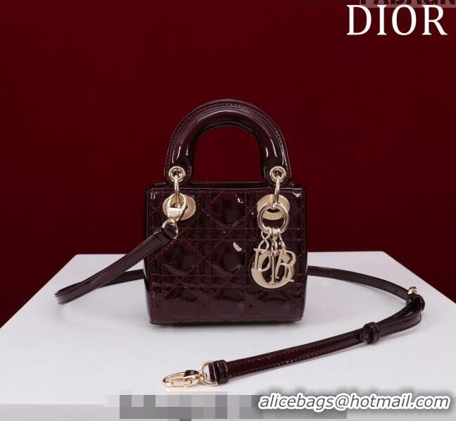 Good Quality Dior Micro Lady Dior Bag in Patent Leather M0856 Dark Burgundy 2023