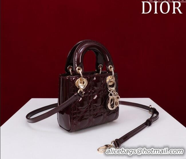 Good Quality Dior Micro Lady Dior Bag in Patent Leather M0856 Dark Burgundy 2023