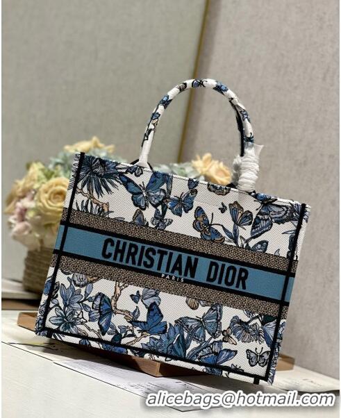 Promotional Dior Medium Book Tote Bag in White and Pastel Midnight Blue Toile de Jouy Mexico Embroidery CD2928M 2023