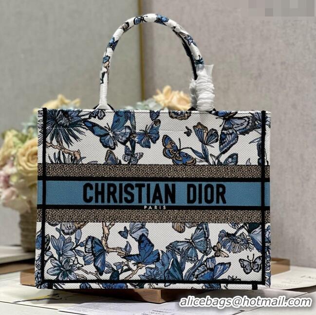 Promotional Dior Medium Book Tote Bag in White and Pastel Midnight Blue Toile de Jouy Mexico Embroidery CD2928M 2023