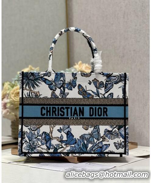 Promotional Dior Medium Book Tote Bag in White and Pastel Midnight Blue Toile de Jouy Mexico Embroidery CD2928M 2023