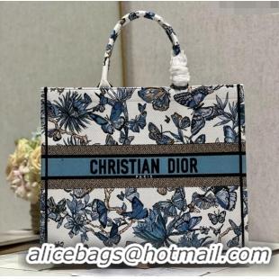 Top Grade Dior Large Book Tote Bag in White and Pastel Midnight Blue Toile de Jouy Mexico Embroidery CD2928L 2023