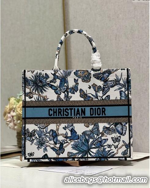 Top Grade Dior Large Book Tote Bag in White and Pastel Midnight Blue Toile de Jouy Mexico Embroidery CD2928L 2023