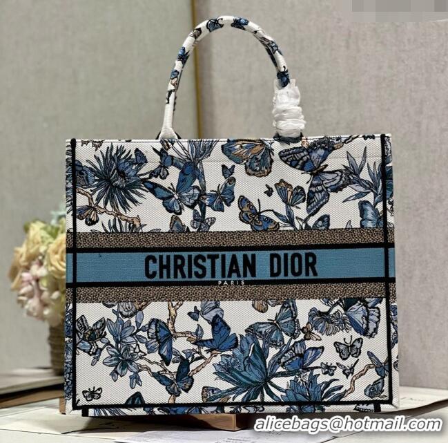 Top Grade Dior Large Book Tote Bag in White and Pastel Midnight Blue Toile de Jouy Mexico Embroidery CD2928L 2023