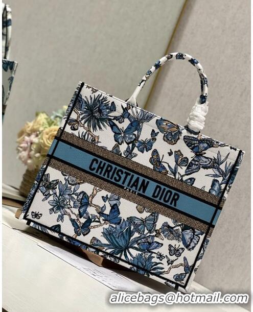 Top Grade Dior Large Book Tote Bag in White and Pastel Midnight Blue Toile de Jouy Mexico Embroidery CD2928L 2023