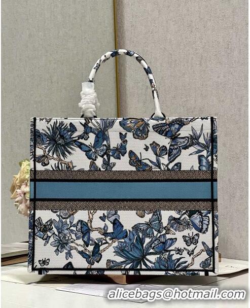 Top Grade Dior Large Book Tote Bag in White and Pastel Midnight Blue Toile de Jouy Mexico Embroidery CD2928L 2023