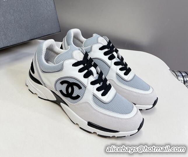 Popular Style Chanel Mesh, Calfskin & Suede Sneakers with Side CC Light Grey 323067