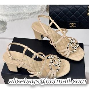 Unique Style Chanel Calfskin Heel Sandals 6cm with CC Charm Beige 323068