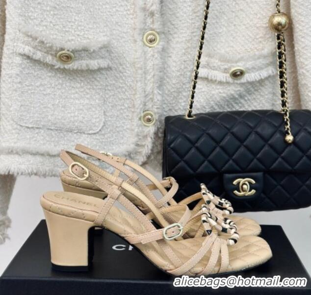 Unique Style Chanel Calfskin Heel Sandals 6cm with CC Charm Beige 323068