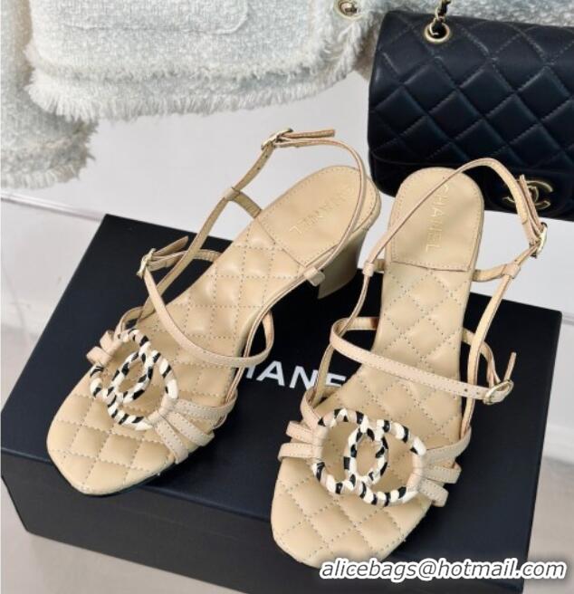 Unique Style Chanel Calfskin Heel Sandals 6cm with CC Charm Beige 323068