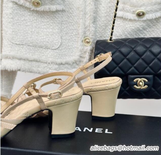 Unique Style Chanel Calfskin Heel Sandals 6cm with CC Charm Beige 323068