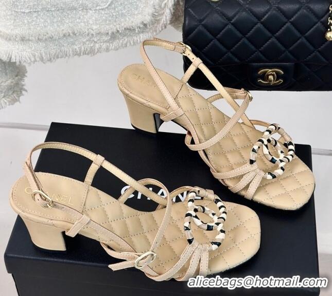 Unique Style Chanel Calfskin Heel Sandals 6cm with CC Charm Beige 323068