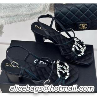 Grade Quality Chanel Calfskin Heel Sandals 6cm with CC Charm Black 323070