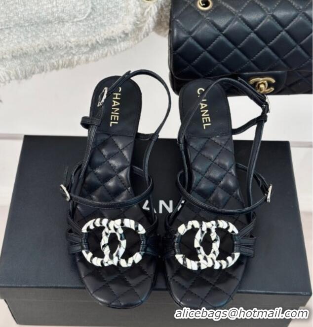 Grade Quality Chanel Calfskin Heel Sandals 6cm with CC Charm Black 323070