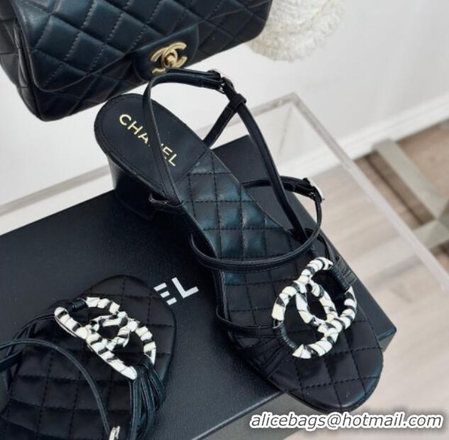 Grade Quality Chanel Calfskin Heel Sandals 6cm with CC Charm Black 323070