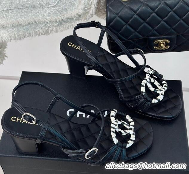 Grade Quality Chanel Calfskin Heel Sandals 6cm with CC Charm Black 323070