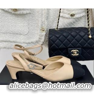 Top Grade Chanel Calfskin & Grosgrain Slingback Pumps 4.5cm G45370 Beige 323071