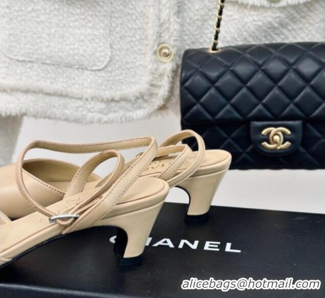 Top Grade Chanel Calfskin & Grosgrain Slingback Pumps 4.5cm G45370 Beige 323071