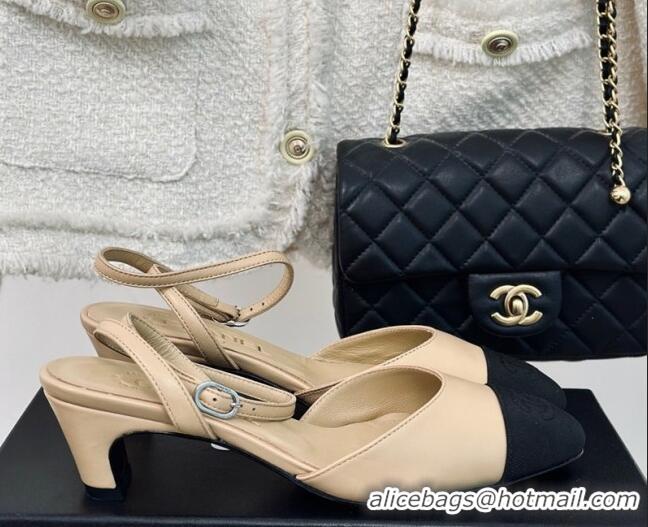 Top Grade Chanel Calfskin & Grosgrain Slingback Pumps 4.5cm G45370 Beige 323071