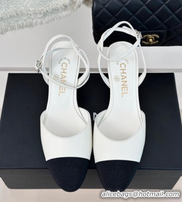 Best Product Chanel Calfskin & Grosgrain Slingback Pumps 4.5cm G45370 White 323074