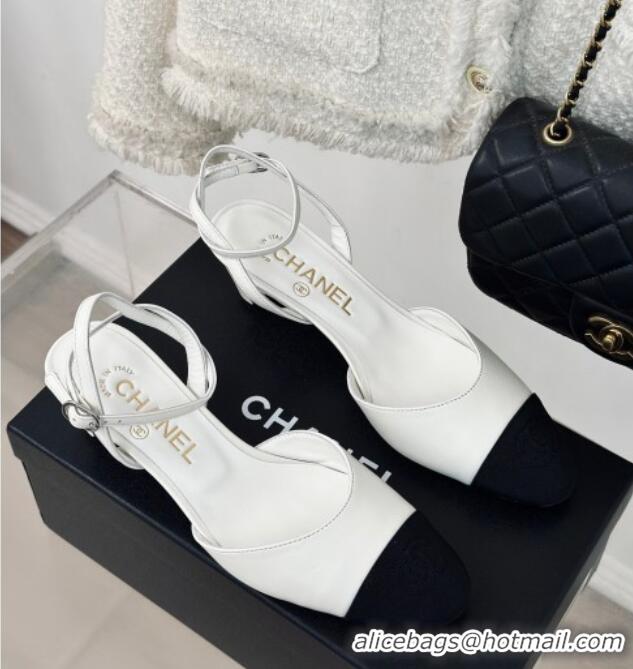 Best Product Chanel Calfskin & Grosgrain Slingback Pumps 4.5cm G45370 White 323074