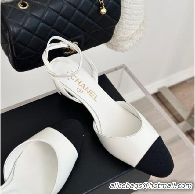 Best Product Chanel Calfskin & Grosgrain Slingback Pumps 4.5cm G45370 White 323074