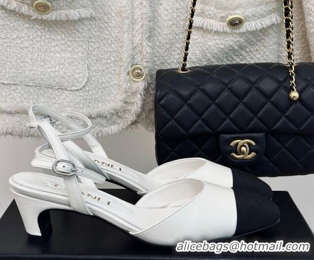 Best Product Chanel Calfskin & Grosgrain Slingback Pumps 4.5cm G45370 White 323074