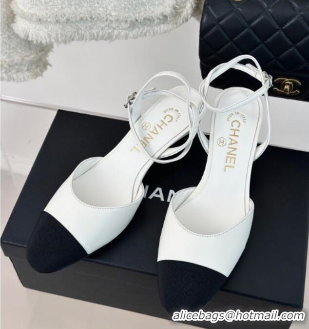 Best Product Chanel Calfskin & Grosgrain Slingback Pumps 4.5cm G45370 White 323074