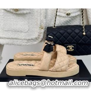 Best Grade Chanel Lambskin Flat Slide Sandals with Bow Beige 323075