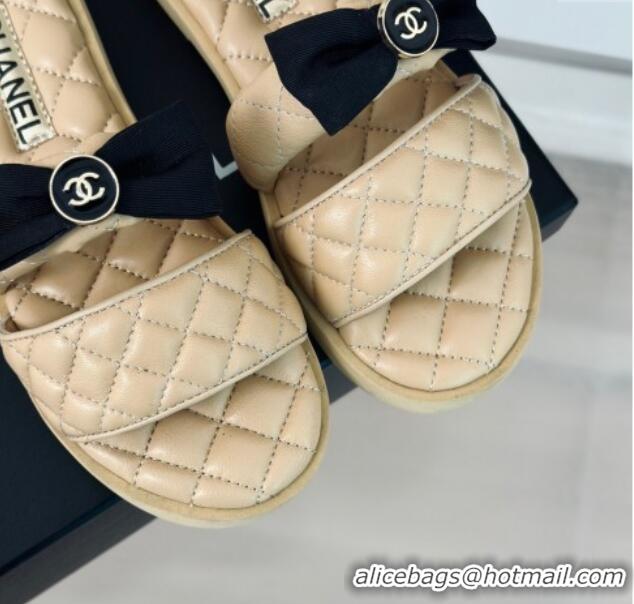 Best Grade Chanel Lambskin Flat Slide Sandals with Bow Beige 323075