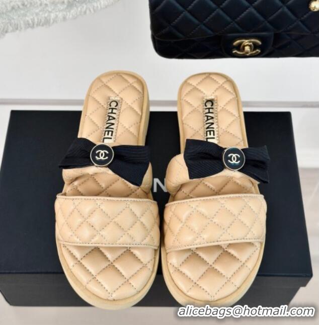 Best Grade Chanel Lambskin Flat Slide Sandals with Bow Beige 323075