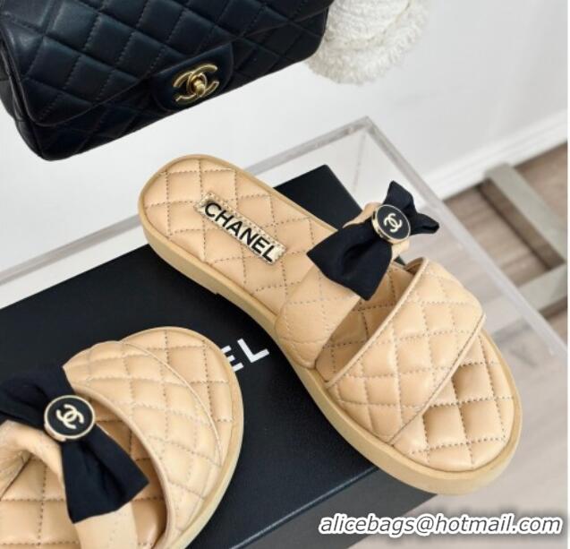 Best Grade Chanel Lambskin Flat Slide Sandals with Bow Beige 323075