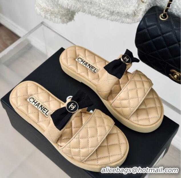 Best Grade Chanel Lambskin Flat Slide Sandals with Bow Beige 323075