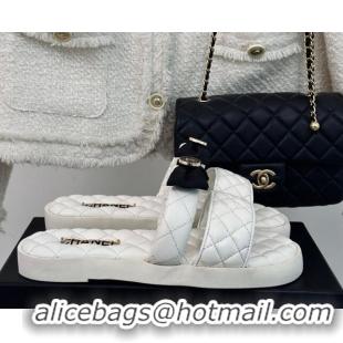 Luxurious Chanel Lambskin Flat Slide Sandals with Bow White 323076