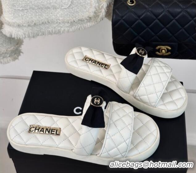 Luxurious Chanel Lambskin Flat Slide Sandals with Bow White 323076