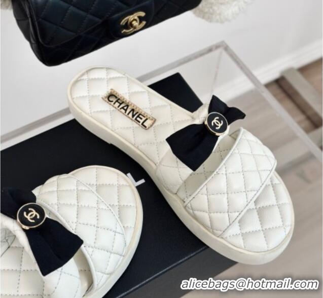 Luxurious Chanel Lambskin Flat Slide Sandals with Bow White 323076